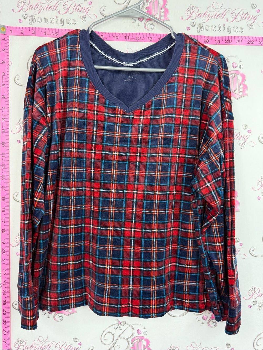 Nautica shirt fleece Red and Navy Plaid V-Neck Long Sleeve Top